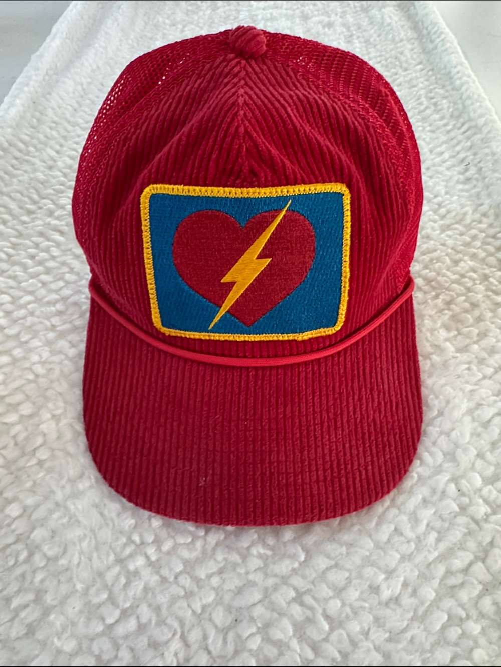 Red Corduroy Trucker Hat with Heart & Lightning Patch